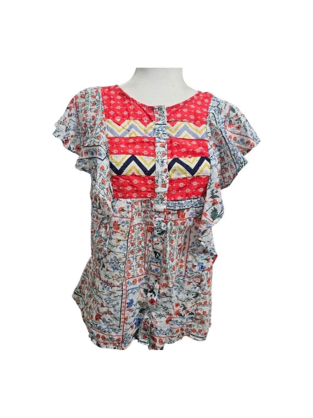 Anthropologie Let Me Be Patchwork Boho Floral Button Down Top Sz 4 - Picture 2 of 5